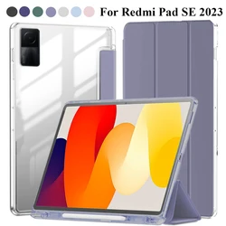 Hybrid Slim Tablet Case Cover with Built - in Pencil Holder and Clear Transparent Shell for Redmi Pad SE (TMYKL - Purple)