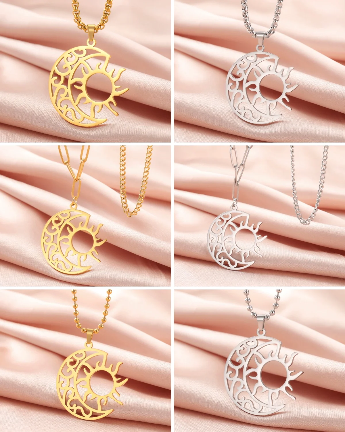 Kkjoy Mode Edelstahl Gold Farbe 35mm * 34mm Sonne Mond Doppel Kette Halskette Für Frauen Hochzeit Schmuck geschenk Wholesa – Detail 9