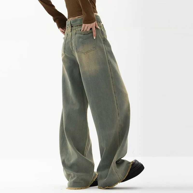 Denim Planet Street Style Drag Pants Pleated Jeans Women's Open Waist Straight Leg Loose High Street Wide Leg Pants