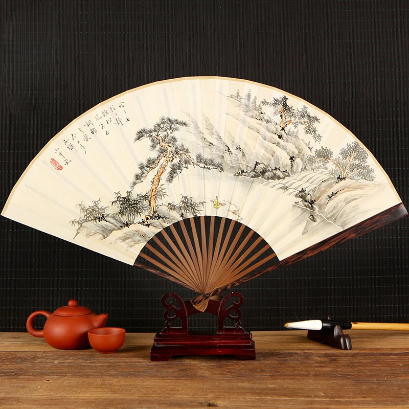 

Folding Fan 9-Inch Black Wooden Handle Hand Painted Landscape Illustration White Paper Men's Chinese Style Gift DoorFrame Crafts