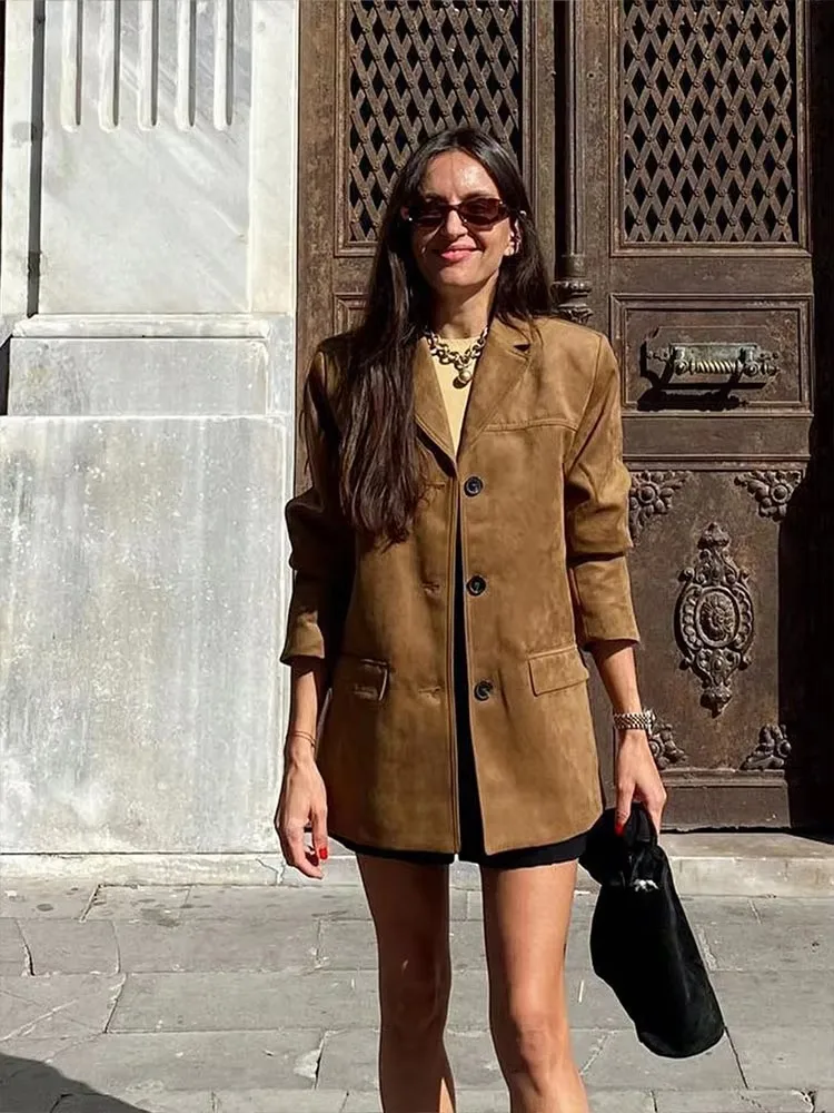 HH Autumn Jacket For Women Fashion Solid Suede Blazer Coat Long Sleeve Buttons Jackets Loose Casual Female Outfit Outwear