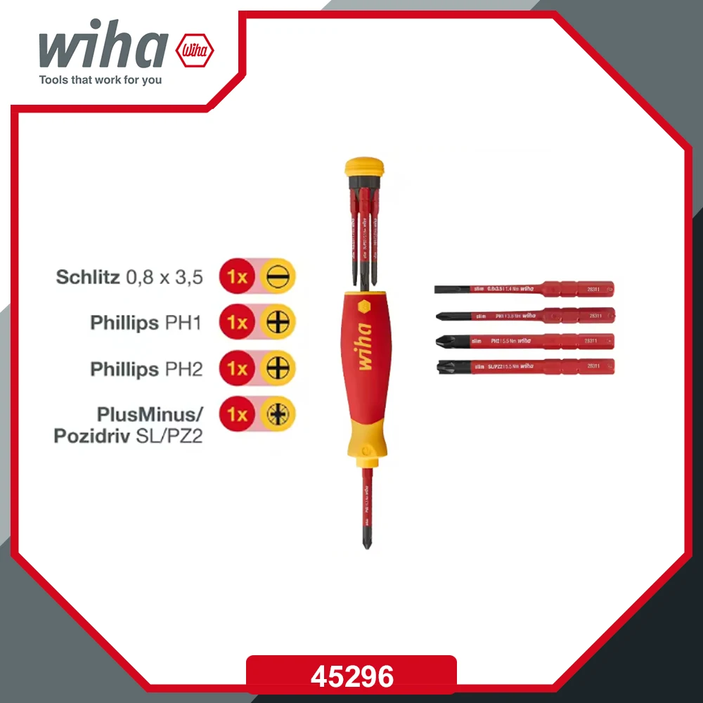 WIHA 45296 4-in-1 절연 드라이버 세트(슬림비트 포함) PocketMax 충전기 1000V 절연 공구