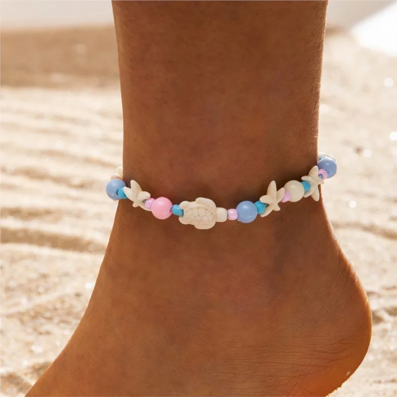 Beach Style Blue Starfish And Turtle Anklet for Women Cute Fashion Beige Beads Summer Vocation Jewelry Gifts