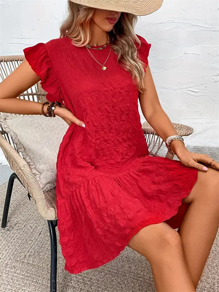 

Fashion Summer Dresses Lace Loose 2024 Spring Summer Elegant Casual Round Neck Ruffle Trimmed Decorated Dress Vestido Female