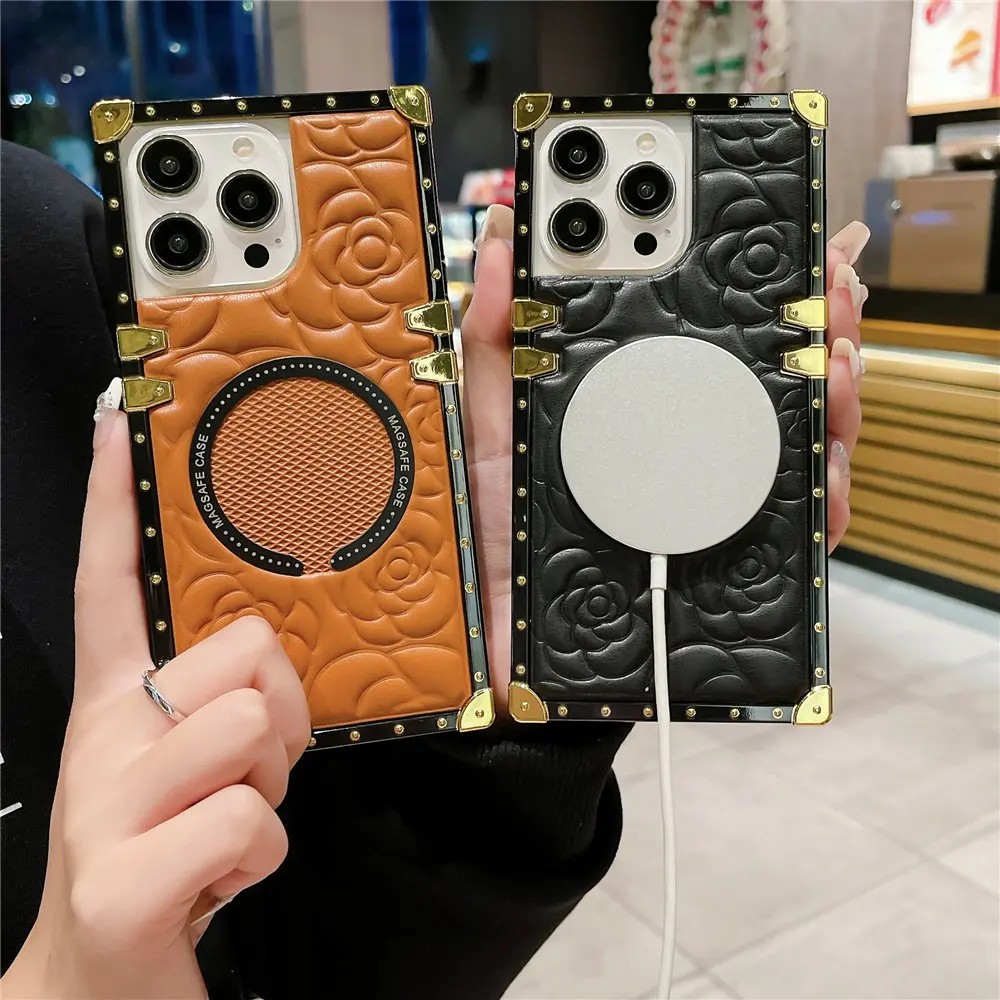 Fashion 3D Flower Leather Plating Square Case For Magsafe iPhone 13 14 Plus 12 11 15 Pro Max Wireless Charging_voghion.com