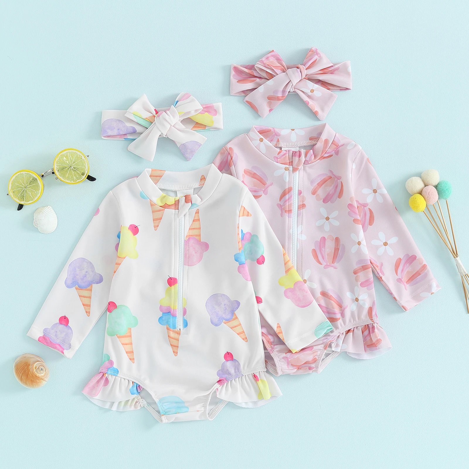 Infant Baby Girls Beach Swimwear Lovely Floral/Ice Cream Print Long Sleeve O-Neck Zip Up Ruffled Bathing Suit Toddlers Bikini