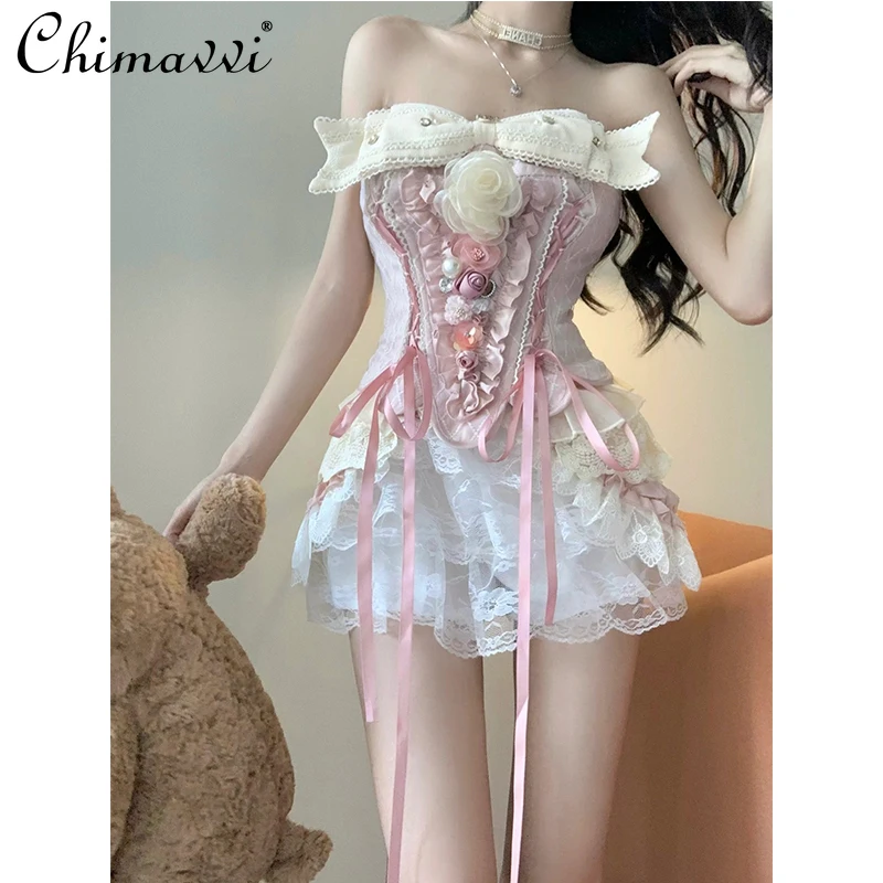 

Tube Top Suit Female Summer Fashion Bowknot Strap Drawstring Slim-Fit Lace Stitching Top Shorts Girly Style Lolita Y2k Two-Piece