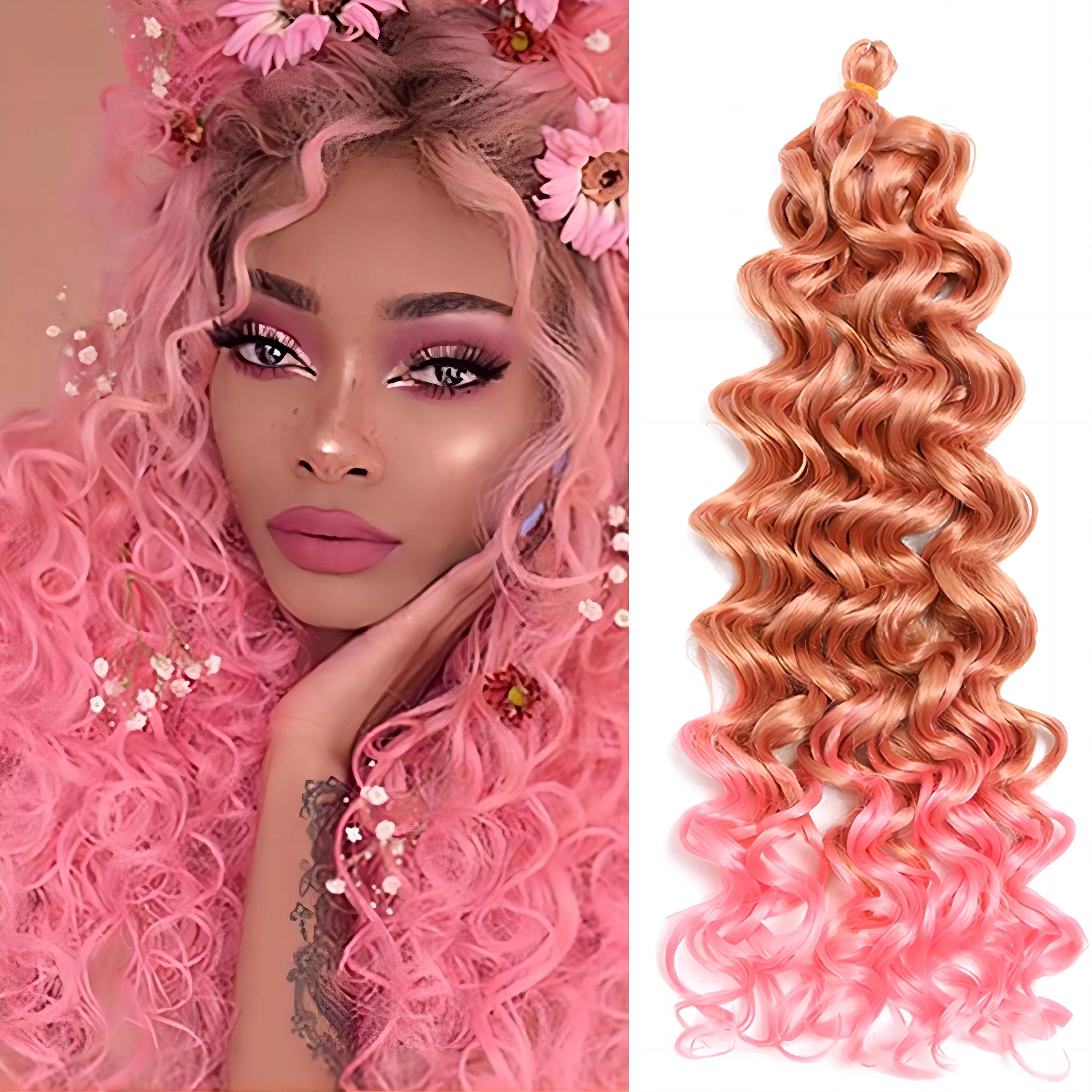

Synthetic Ombre Crochet Braids Hair Afro Curls Braiding Hair Extensions Natural Blonde Pink Gradient Water Wave for Women