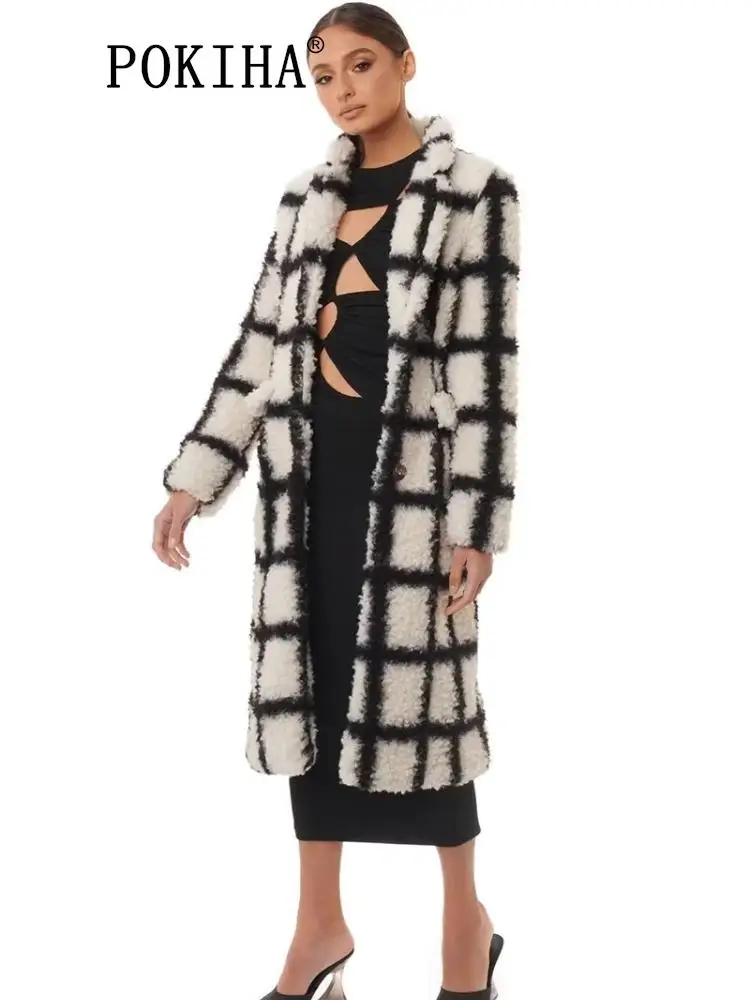 

Pokiha Fashion Women Winter Loose Plaid 2023 Thick Warm Faux Shearling Coat Vintage Long Sleeve Female Outerwear Chic Tops