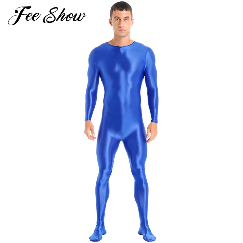 Mens Solid Color Swimming Bodysuit Swimwear Swimsuits Long Sleeve Back Zipper Glossy Bodystocking Jumpsuit Sportswear Nightwear