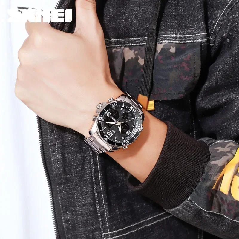 SKMEI 1649 Rotatable Ring Quartz Digital Men Wristwatches Chrono Alarm Male Clock reloj hombre Dual Movement Sport Mens Watches 5