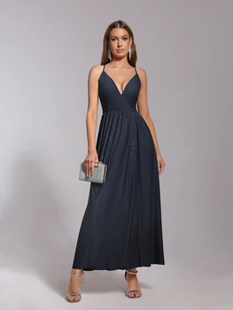 فستان سهرة أنيق باللون الأزرق الداكن مع فتحة ولامعة - فستان رسمي مثير برقبة على شكل حرف V مع فتحة، فستان حفلة موسيقية طويل لامع للنساء 3