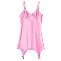 Womens Shiny Metallic PVC Leather V-Neck Mini Dress Chemise Wet Look Night Club Bodycon Babydoll Clubwear with Garter Belt - Image 3