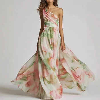Elegant Women's Dress Sexy One-Shoulder Tie-Dye Party Dress Fashion Sleeveless Printed High Waist Large Hem Skirt Maxi Dress 1