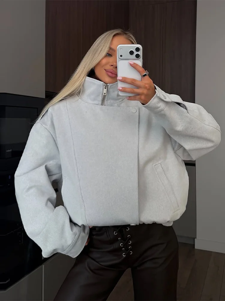 Reißverschluss-Rollkragenjacke mit Seitenplakette und Langen Ärmeln für Damen, Streetwear mit Epauletten und Verdeckten Knöpfen, Locker Sitzende Jacken, Neue Damenoberbekleidung – Detail 30