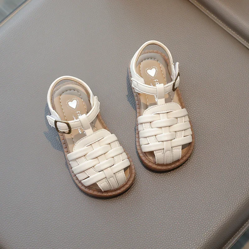 Children's Sandals Solid Color Kids Causal Braided Beach Sandals for Boys Girls Versatile Fashion Toddlers Cut-outs Flat Sandals 6