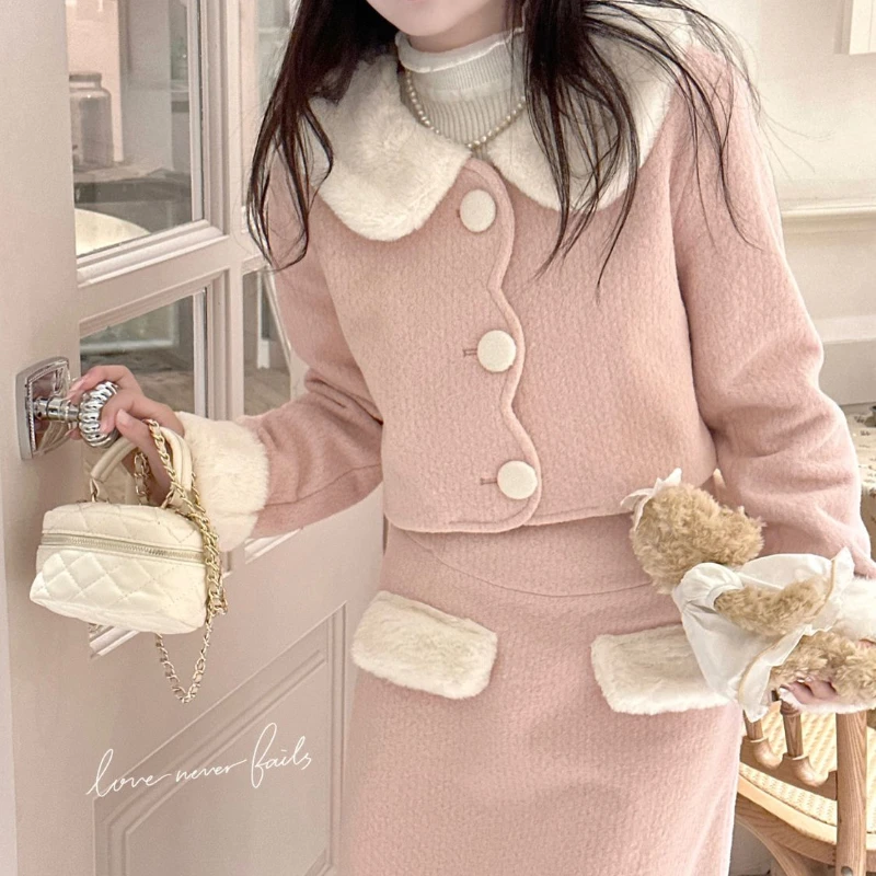 

Autumn Winter Cute Sweet Pink Two Piece Set Women Outfit Korean Fashion Tweed Single Breasted Tops and A-line Long Skirts Suits