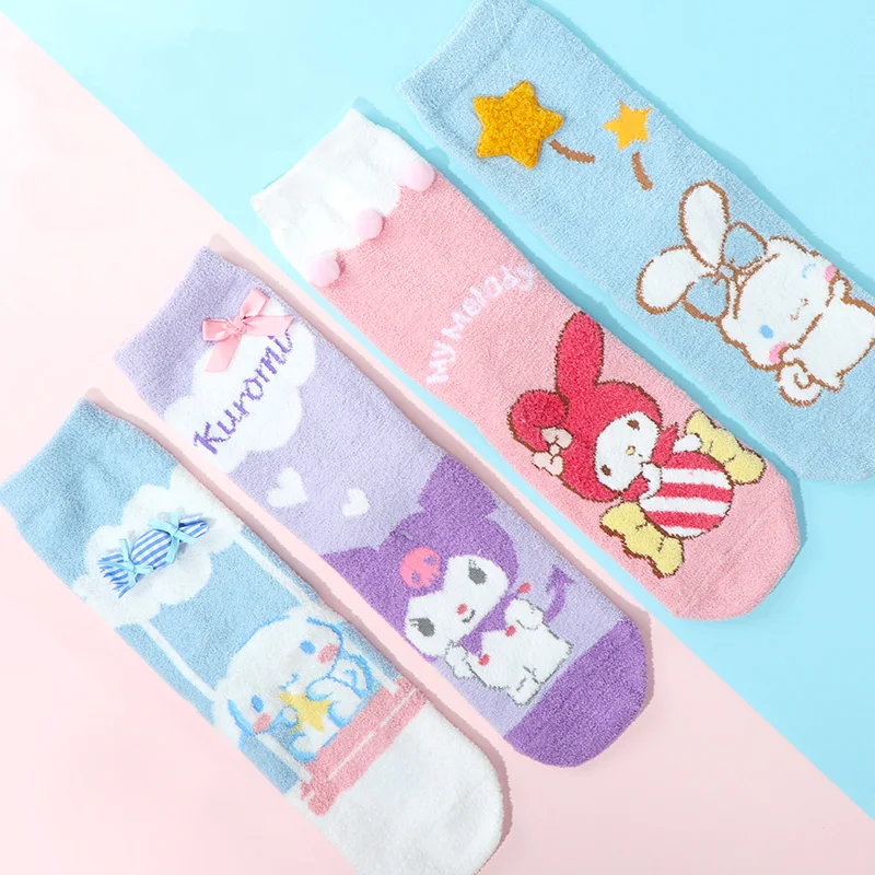 

Sanrio теплые женские носки Kawaii Cinnamoroll Kuromi Mymelody осень/зима утолщенные Носки для пола Мультяшные