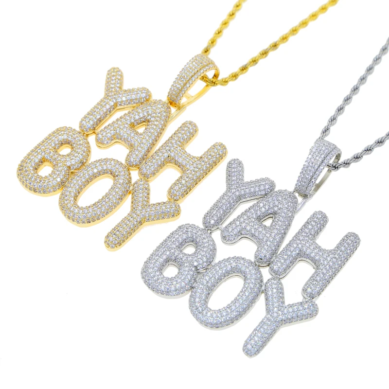 2023 New Iced Out Bling Letters YAH BOY Pendant Necklace Gold Silver Color  5A Zircon Charm Men's Hip Hop Rock Jewelry