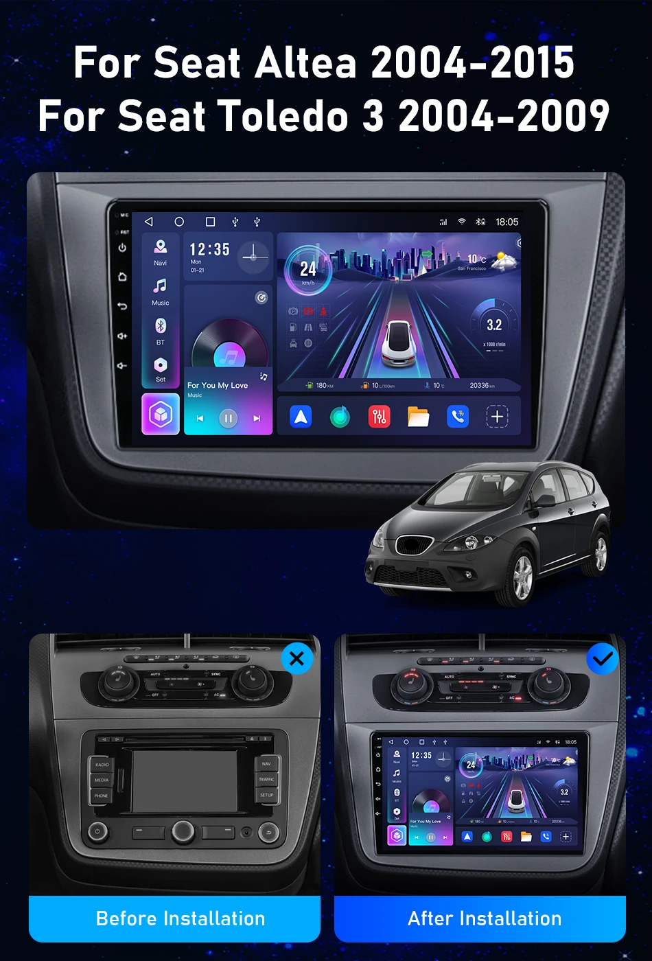 Srnubi Auto-Multimedia-Radio für Seat Altea 2004–2015, Toledo 2004–2009, kabelloser CarPlay-Player, Android Auto, GPS-Navigation, Stereo – Detail 2