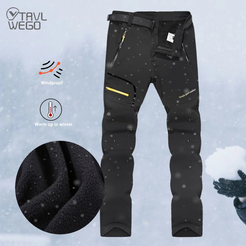 TRVLWEGO Men's Snow Trekking Pants Waterproof Camping Winter Outdoor Hiking Mountain Softshell Warm Thickening Trousers