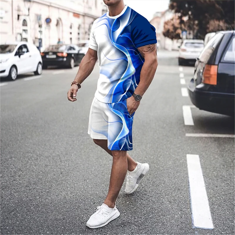 

Крутой модный мужской костюм с 3D линиями, футболка с круглым вырезом и шорты, Спортивная и модная мужская одежда из двух частей с короткими рукавами
