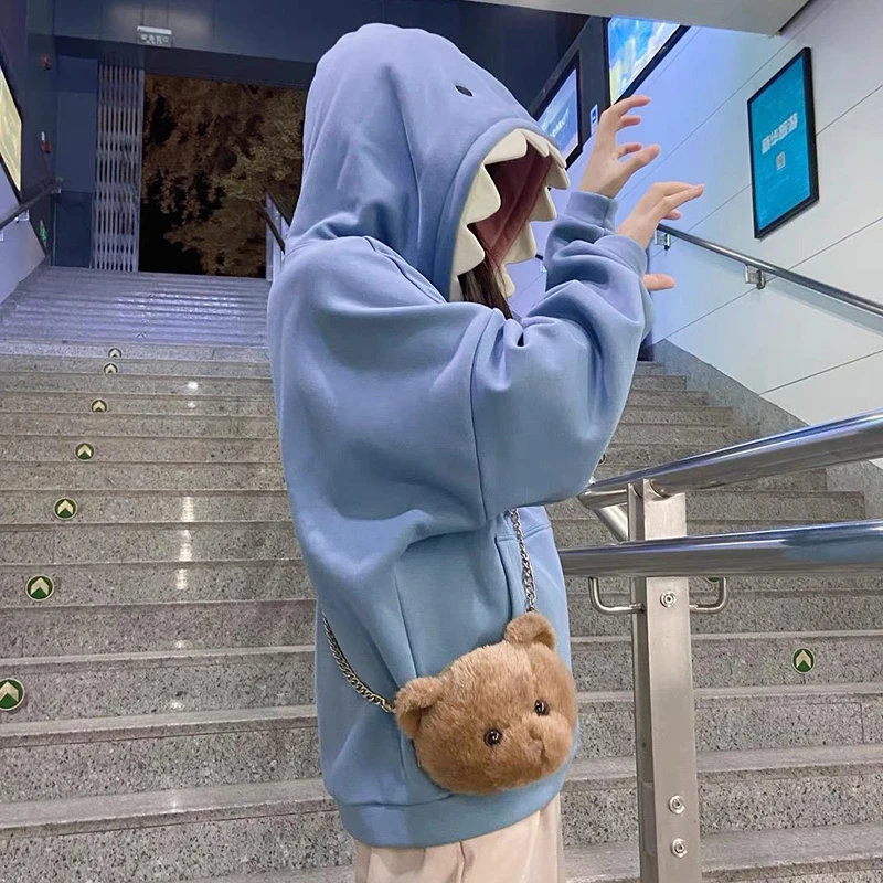 Women Cute Shark Hoodie Long Sleeve Blue Kawaii Animal Shark Shape Hooded Pullover Oversized Aesthetic Sweatshirts for Teen