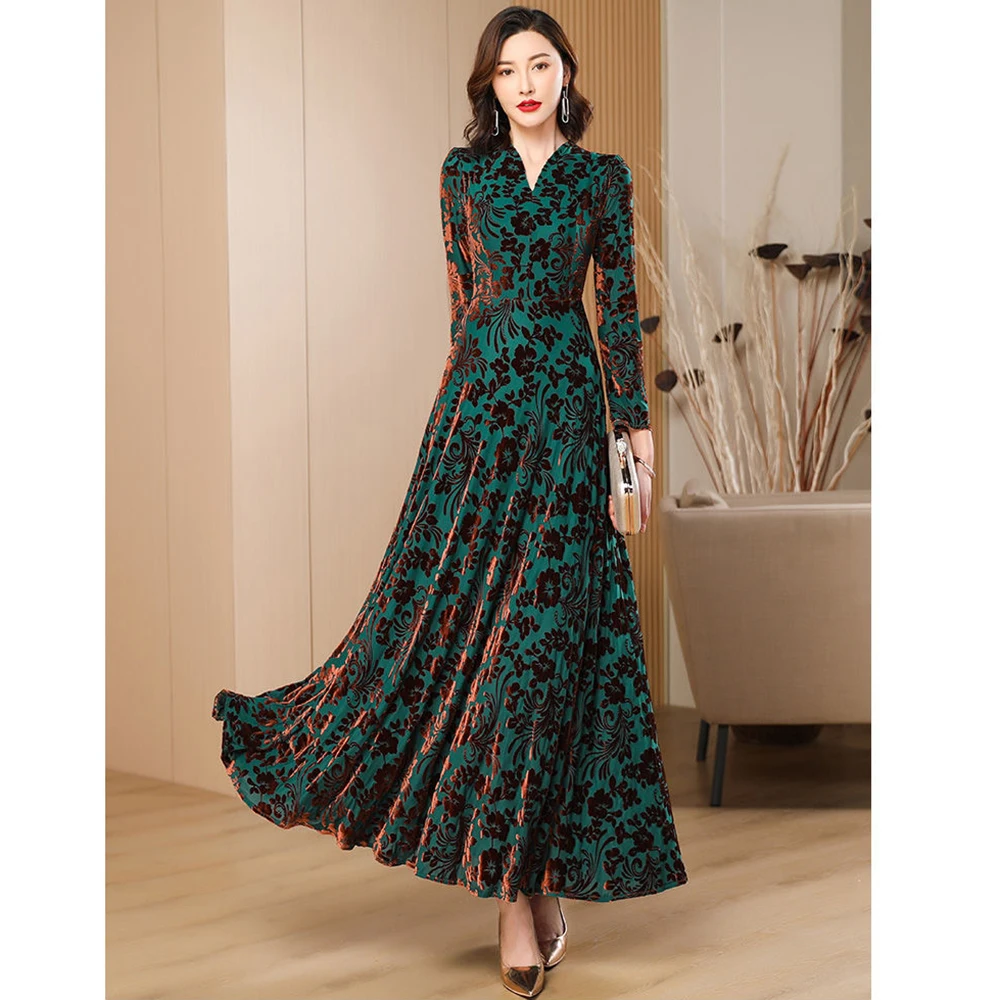 Spring Autumn New Gold Velvet Long Sleeve Dress For Women High