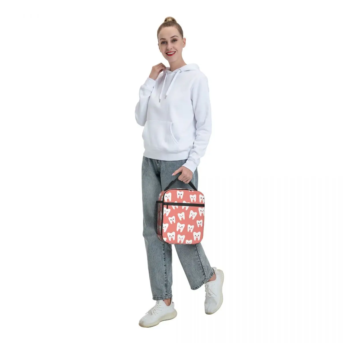 White Teeth With Funny Faces Insulated Lunch Bag for Women Resuable Dentist Tooth Thermal Cooler Lunch Box Office Work School