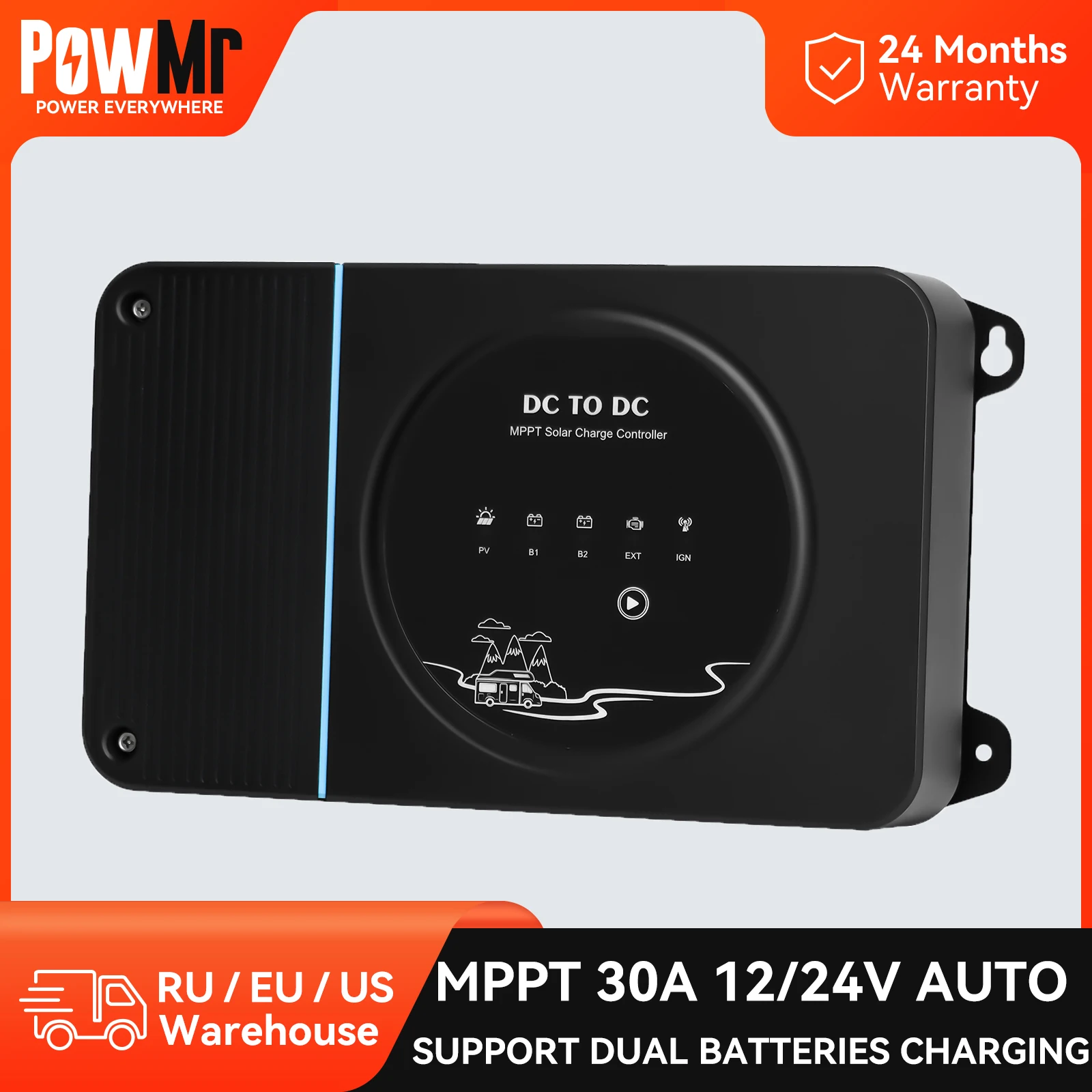 PowMr OnBoard Battery Charger MPPT 30A RV Solar Charge Controller 12V