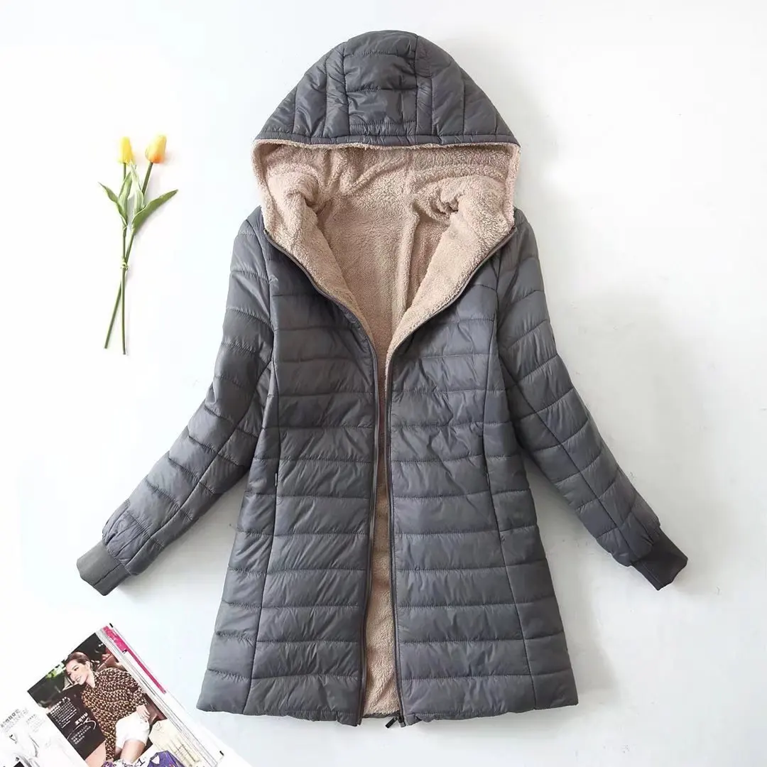 

Женское теплое хлопковое пальто из овечьей шерсти и бархатная куртка топ 2024 новое осенне-зимнее хлопковое пальто средней длины с капюшоном в Корейском стиле