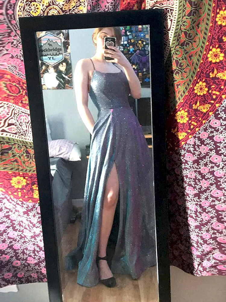 GUXQD błyszczący brokat suknie wieczorowe damskie rozcięcia po bokach paski Spaghetti bal sukienki na przyjęcie formalną szatę soirée femme Vestido De Gala