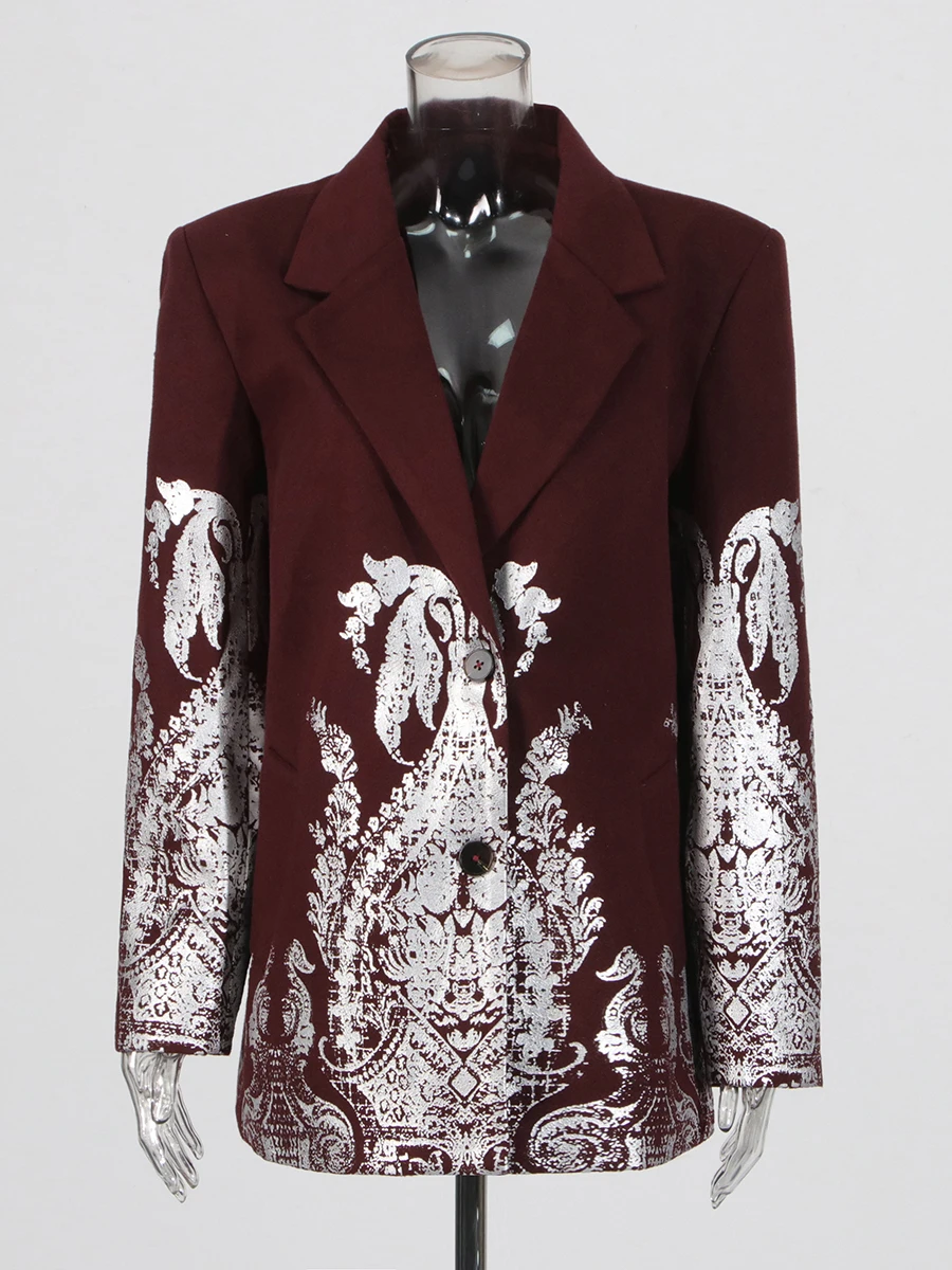 VGH Spliced Fashion Printing Blazers for Women Notched Collar Long Sleeve Patchwork Single Breasted Coats Female Temperament New 2