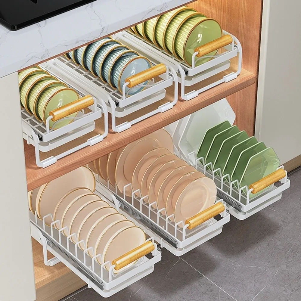 Single Tier Dish Drying Rack Metal Anti-Slip Pull-Out Dish Rack Multifunctional No-Drill Installation Under Sink Rack Under Sink