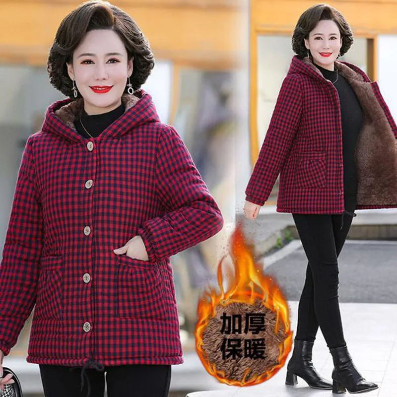

New Middle Age Women's Down Cotton Coat Winter Fleecing Thick Warm Padded Jacket Fashion Female Plaid Hooded Parker Overcoat 5XL