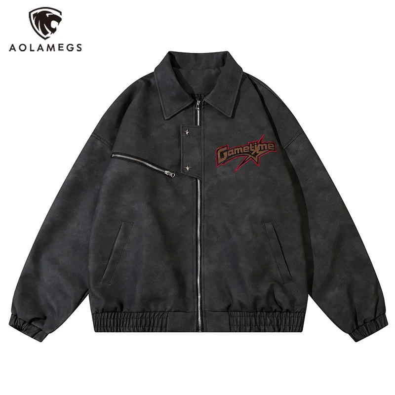 Men Jacket Metal Star Decorated Letter Embroidered PU Leather Jackets American Retro High Street Lapel Coat Hip Hop Outwear