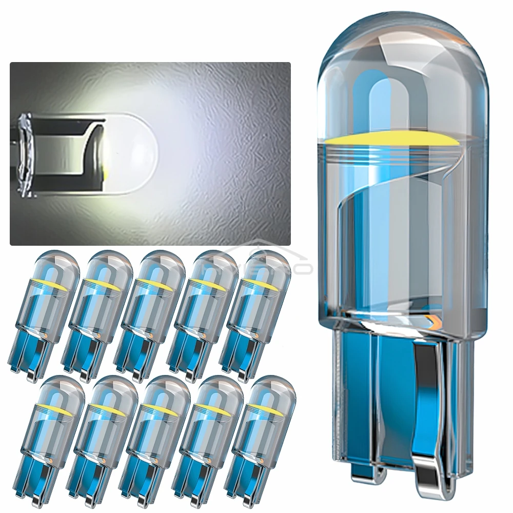 10Pcs 유리 Cob LED 자동차 전구 W5W 194 T10 웨지 번호판 램프 돔 라이트 화이트 자동 인테리어 독서 실행 주차 백업