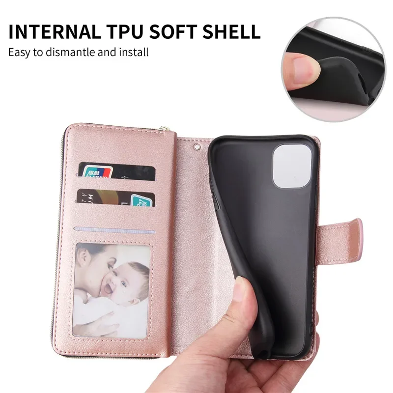 Premium Flip Leather Wallet Case with Zipper Purse and Multi-Card Slots