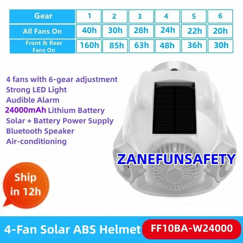 4-Fan Solar Helmet With Air Condition Bluetooth Music FM Radio LED Headlight 20000mAh Lithium Battery Power Bank and 4 Fans