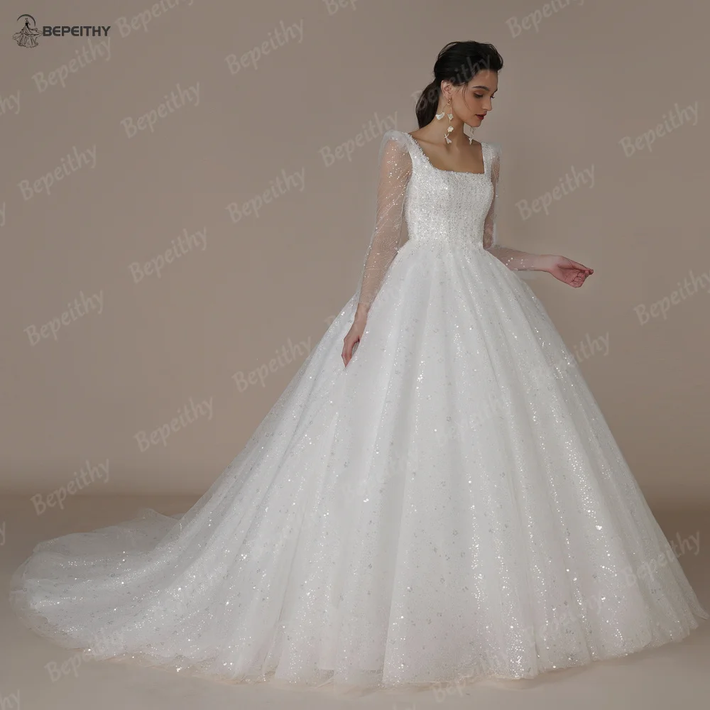 BEPEITHY Customized Shinny Square Bride Wedding Dresses For Women Long Sleeves Glitter Open Back Bridal Modern Ball Gown 2023 3