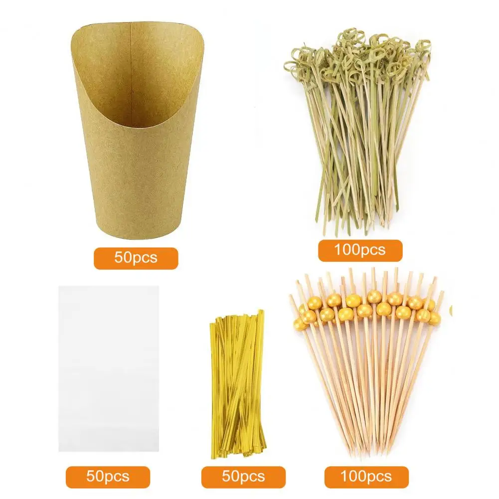 1 Set Disposable Paper Snack Cups With Cocktail Picks And Clear Gift Bag Ties 14Oz French Fry Holder Snack Charcuterie Cup