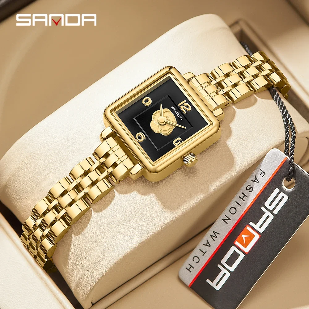 SANDA New Watch For Women Design Fashion Gold Square Dial Water Resistant Swiss Quartz Business Women Elegant Analog Wristwatch