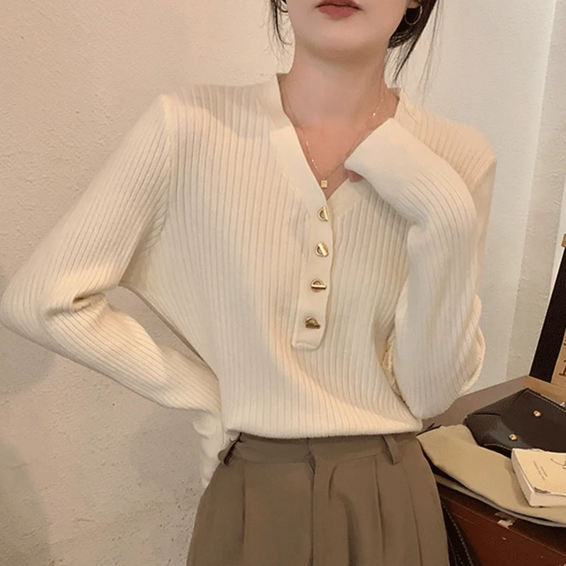 

2023 Spring Autumn New V-neck Knitted Basic Underlay Shirt for Women's Advanced French Slim Sweater Overlay Long Sleeve Top