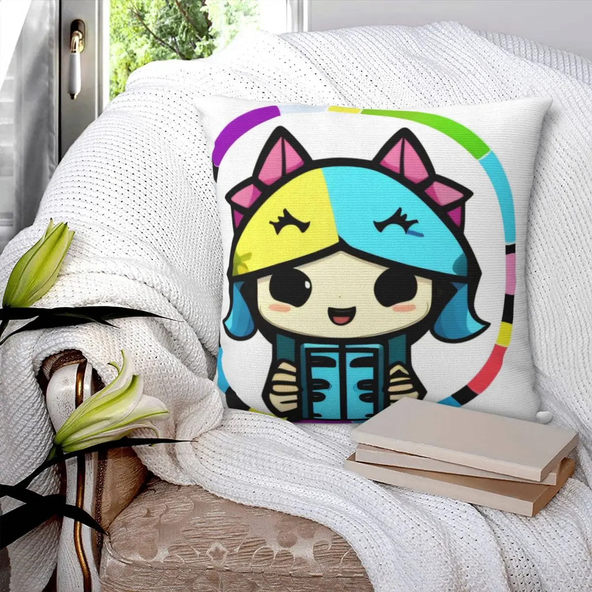 

Cute Little Girl With A Cat Hat Square Pillowcase Pillow Cover Polyester Zip Decorative Comfort Throw Pillow for Home Bedroom