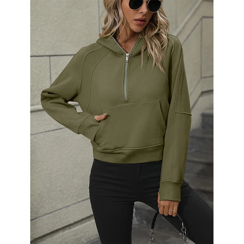 Autumn Winter Solid Color Loose Casual Hoodies Lady Zipper Pocket Pullover Top Women Fashion All-match Hooded Sweatshirt Outwear