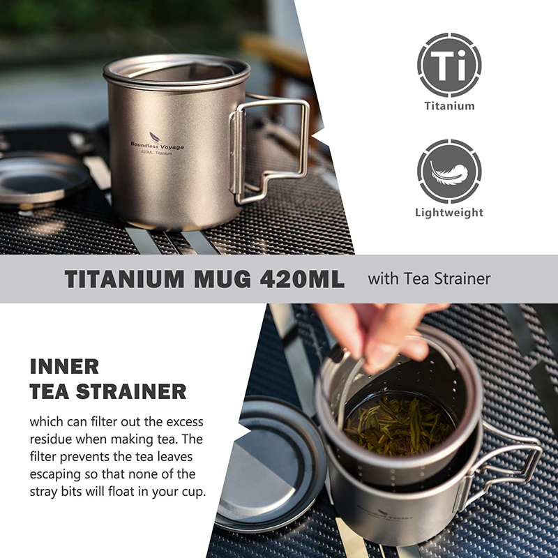 Boundless Voyage Titanbecher mit Teesieb 420 ml/14,2 Fl.oz Teetasse mit Klappgriff Outdoor Camping Teebereiter Ti3054D – Detail 5