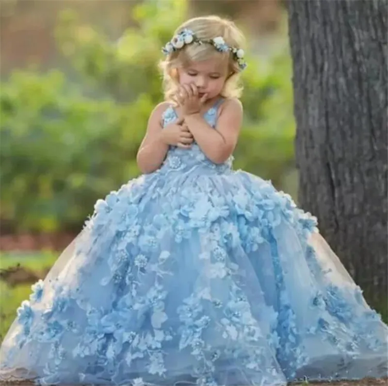 

Luxury Sky Blue Flower Girl Dresses Ball Gown 3D Flowers Beautiful Girls Pageant Dress First Birthday Party Dress for Girls