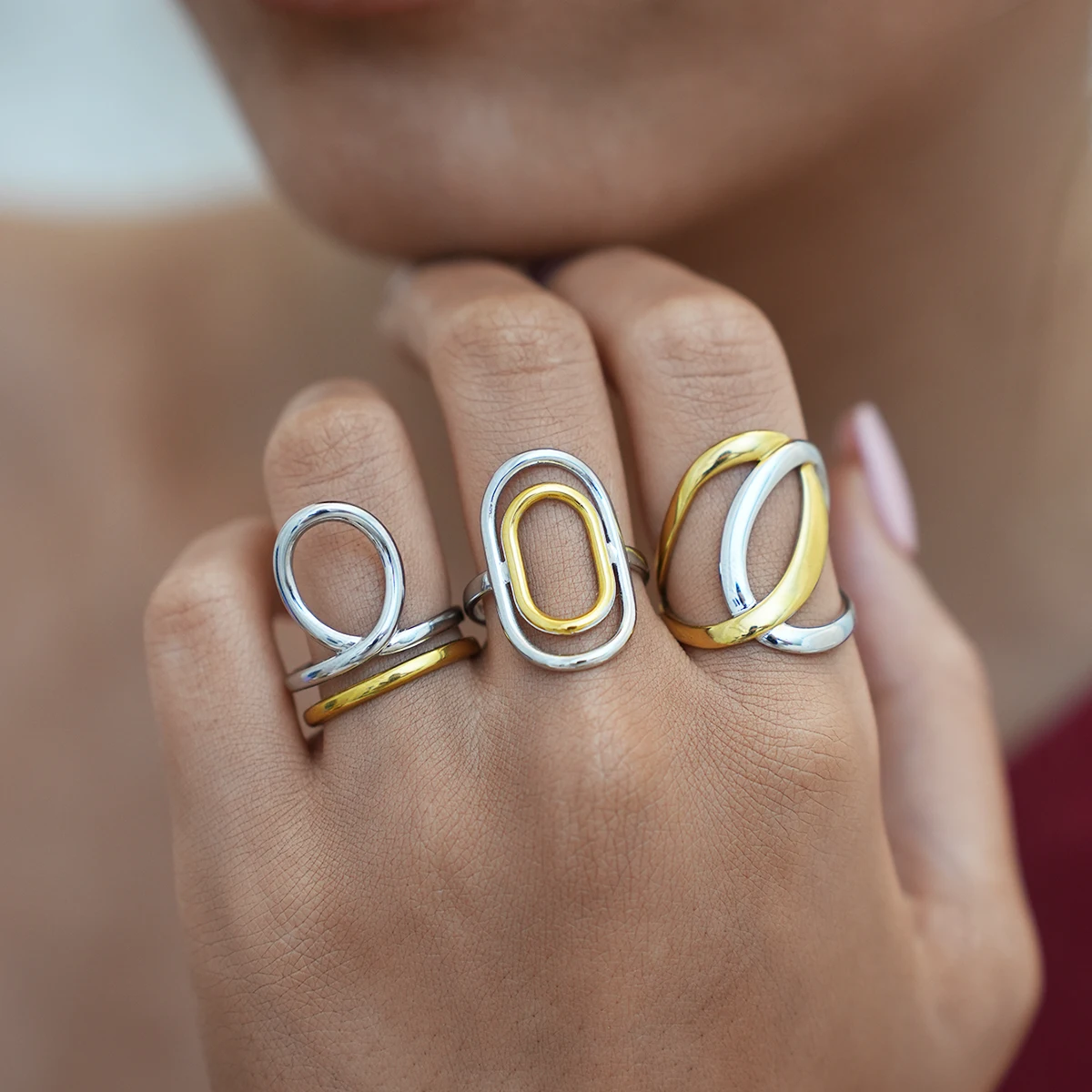 Modisches Geometrie-Design, 316L-Edelstahlringe, 18 Karat vergoldet, wasserdicht, hochwertiger Schmuck für den täglichen Gebrauch, Urlaub usw