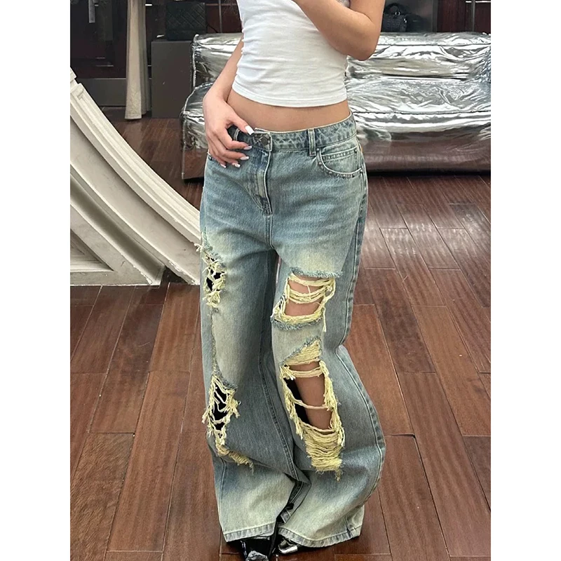 YIBASHU 2026 Summer Women's Ripped Denim Pants Y2K Men Wide Fit Baggy Jean Japanese Harajuku Jean Punk Tide Mom Jeans Boyfriend 4