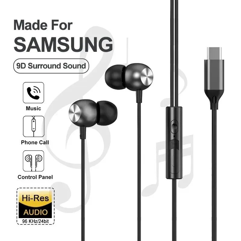Auricolari in-ear leggeri con filo per USB Type-C da 3,5 mm, stereo HIFI, per sport, musica, con cancellazione del rumore e microfono._voghion.com